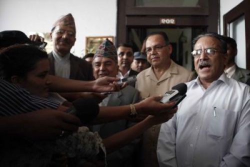 BIG BOYS: Chief election commissioner Nilkantha Upreti (left), along with Ram Chandra Poudel, Jhalanath Khanal and Pushpa Kamal Dahal after their meeting at the Election Commission on Sunday.PIC