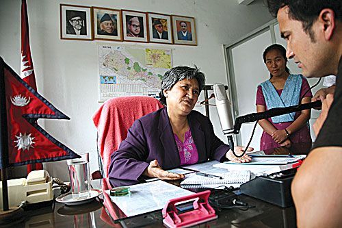 DRAMA QUEEN: Minister of Water Resources Hisila Yami improvises dialogue for the BBC World Service Trust's radio drama Katha Mitho Sarangi Ko, where she responds to a victim of war who has lost land, property and family on Thursday at the ministry.