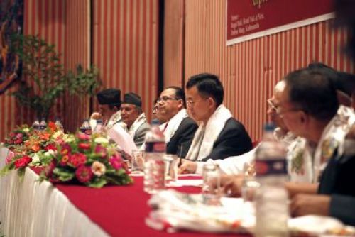 Political leaders and Chinese ambassador to Nepal Yang Houlan at the 57th anniversary of diplomatic relations between Nepal and People's Republic of China. PIC
