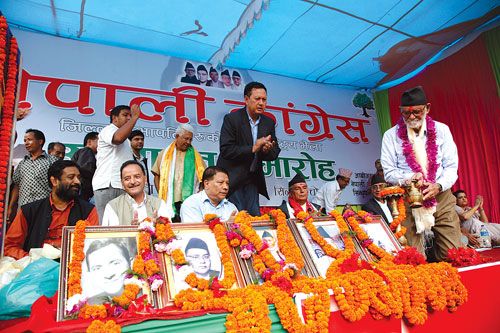 PARTY PEOPLE: Nepali Congress president Sushil Koirala (right) inaugurates the national gathering of district presidents of the NC in Bahrabise of Sindhupalchok district on Monday.