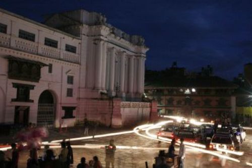 DELIGHTFUL DISPLAY: The square is set alight as vehicles pass through Basantapur on Saturday evening.