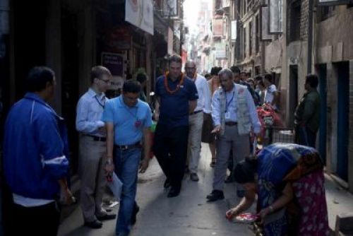 SAFETY FIRST: Australian Parliamentary Secretary for Foreign Affairs, Richard Marles (centre) on a walking tour near Patan Darbar Square led by Amod Mani Dixit (right) of Nepal Society for Earthquake Technology on Tuesday morning. Marles along with Susan Grace, Australian Ambassador to Nepal and Robert Piper, United Nations Nepal coordinator inspected earthquake vulnerabilities and disaster risks faced by the Kathmandu Valley