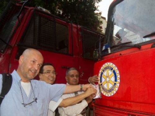 Commander of the Bolzano/Bozen Fire Brigade, Ernst Preyer (left) from Italy hands over six fire trucks to KMC on Sunday at the City Hall. The new trucks will be used by Basantapur's Juddha Barun Yatra fire brigade.PIC
