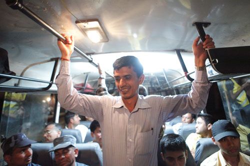 NIGHT OUT: Passengers in the night-metro bus which started service from Friday night onwards. Kathmandu Metropolitan City in partnership with National Federation of Nepal Entrepreneurs started the service in Kathmandu and Lalitpur.