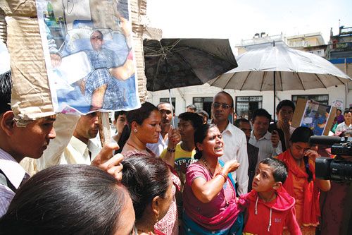 HAZARDOUS HEALTHCARE: Relatives of Dolprasad Gautam from Kavre, who was paralysed due to doctors' carelessness at KIST hospital, demand for compensation on Tuesday.