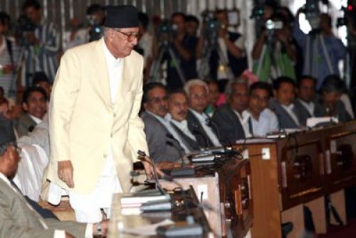 RESIGNED: A frail Prime minister Koirala getting up to speak to the Constituent Assembly on Thursday afternoon. He said he was stepping down from his post to make way for a new government.