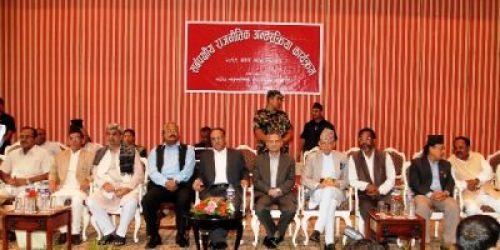 UNEASY ALLIANCE: Leaders of UCPN-M, RPP, MJF-D, and Tarai Madhes Loktantrik Party attend the all-party interaction organised by the Federal Democratic Republican Alliance on Tuesday. PIC