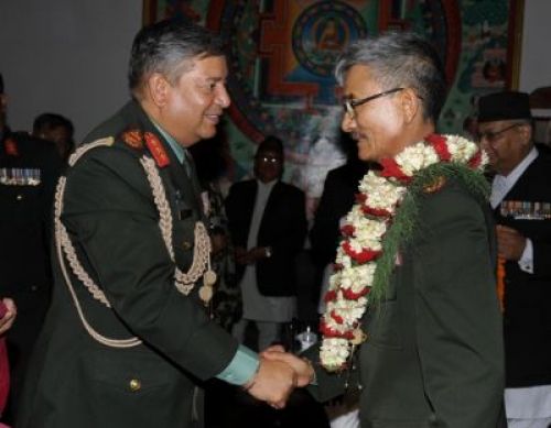 FAREWELL: Lt Gen Gaurav Shumsher Rana (left) on Thursday formally took over the post of Nepal's Army Chief following a farewell reception for the outgoing chief of Army Gen Chhatra Man Singh Gurung, at Nepal Army Headquarters on Wednesday. PIC