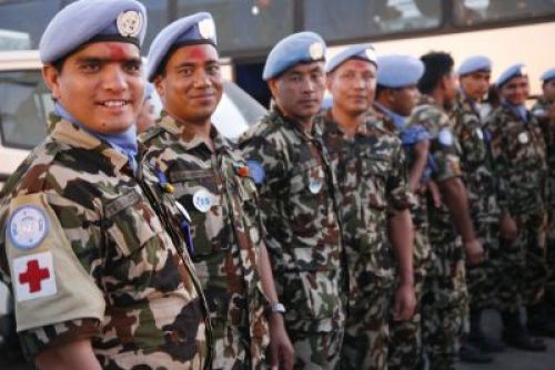 COMING HOME: Nepali soldiers from the UN Peacekeeping Mission in Lebanon look happy after their officials gave them the tika blessing wishing them luck. Soldiers returned home following six months on duty. PIC