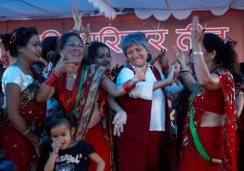LIFTING SPIRITS: Hisila Yami joined women at Army Office's Club last Saturday celebrating the upcoming Teej festival.PIC