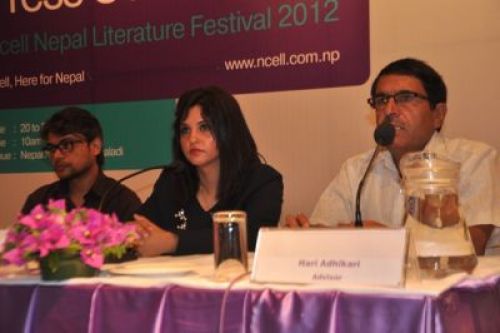 CELEBRATING LITERATURE: Poet Hari Adhikari (right) with Sanju Koirala of Ncell and Ajit Baral, at the press conference for Ncell Nepal Literature Festival 2012 on Thursday. PIC