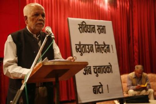 Chairman of the Constitutional Committee, Nilamber Acharya, speaks at a function at NTB about the illegitimacy of a revived Constituent Assembly on Tuesday. He says that holding new elections is the only alternative to the current political deadlock. PIC