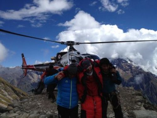 A foreigner is rescued at Manaslu Base Camp after an avalanche swept away climbers and their camps on Sunday morning. According to media reports 12 people have been rescued and nine are feared dead.