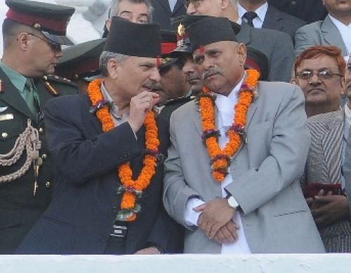 TEENY DIVINE INTERVENTION: President Yadav and PM Bhattarai having a conversation while observing Indra Jatra chariot processions in Basantapur Darbar Square on Saturday afternoon.