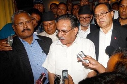 LETHARGIC LEADERSHIP: Pushpa Kamal Dahal talks to the media after leaders from five main parties met with President Yadav at Shital Niwas on Sunday evening.