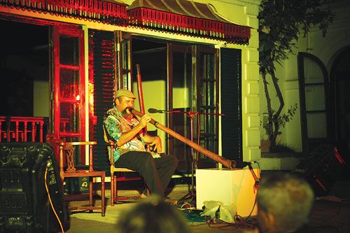 MUSICAL INSPIRATION: Australian musician Mark Aitkins performs the didgeridoo on Tuesday at Siddhartha Art Gallery during a function organised to mark the 20th Anniversary of the Fred Hollows Foundation.