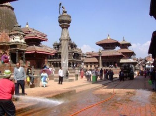 SHINY MOMENT: Lalitpur municipality cleaned up Patan durbar square in preparation for Dasain, Friday morning.