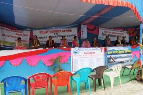 WHERE ARE THE MEN: Women activists demanding a new regional airport in Pokhara on relay hunger strike at the airport even through the festival.
