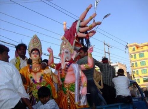 RIVER CELEBRATION: Indians living in Kathmandu celebrate Dasain and take lord Durga, Ganesh and Laxmi's statues to the river in Gorkana on Thursday.
