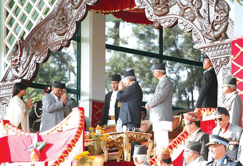 NAMASTE: Prime Minister Baburam Bhattarai and President Ram Baran Yadav exchange greetings during Phulpati Badai parade of Nepal Army in Tudikhel.
