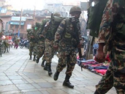 A WALK IN THE AREA: Nepali army battalion go to a routine patrol exercise in Indra Chowk on Monday, early morning.