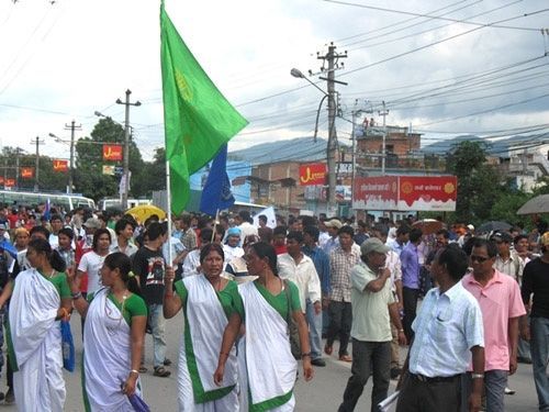 UNITED WE STAND: Activists from Tharu and Janajati groups protest in the restricted zone outside the CA in Baneswor on Saturday against Madhesi demands for one province in the Tarai.