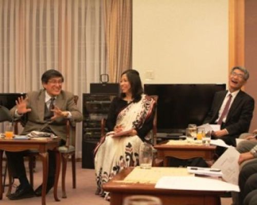 INFECTIOUS TALK:Former journalist and professor at Akita International University in Japan, Ryoichi Hamamoto (left) talks about the state of Japanese media at the ambassador's (right) residence in Tahachal on Monday evening.