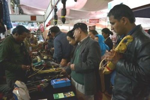 CAT GUT: A visitor ponders buying a sarangi at the Handicrafts Trade Fair at Bhrikuti Mandap on Monday.