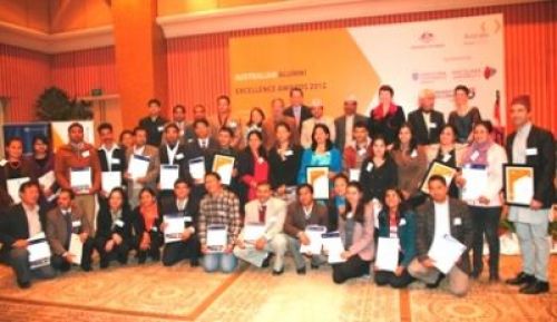 TOP OF THE TOP: A group of Nepali students, winners of scholarships at Australian Universities pose for a picture at the Alumni Excellence Awards 2012 ceremony organised by the Australian Government in Yak and Yeti, on Wednesday.