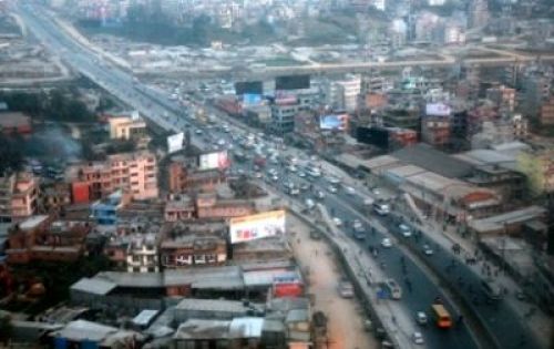 UP IN THE AIR: An aerial picture shows the six lane road to Bhaktapur on Wednesday afternoon. Pedestrian bridges are being built along the highway to ensure people don't jaywalk.
