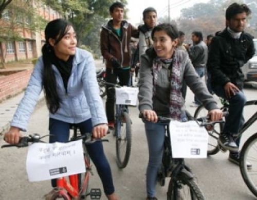 NEVER FORGET: Students from Pulchok Engineering Campus take part in a cycle rally to mark International Human Rights Day on Monday morning.