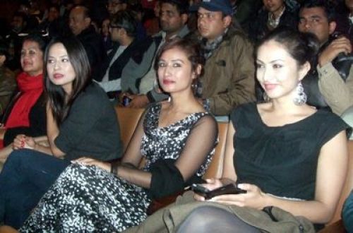 ACTION: Nisha Adhikari (right) and Diya Maskey (left), main protagonists of Sungaba, enjoy the film premier at Bhrikuti Mandap, Monday evening.
