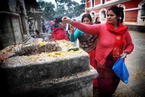 DISPERSED THOUGHTS: A woman spreads grains at a tulsi altar remembering those who have departed, at Bala Chaturdasi festival in Pashupatinath, on Wednesday.