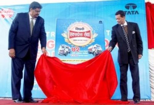 TAKE CARE: Sanjeev Garg (l) from Tata Motors and Siddhartha S.J.B. Rana (r) from Sipradi Trading, launch the company's express service for customers at Naikap, on Friday morning.