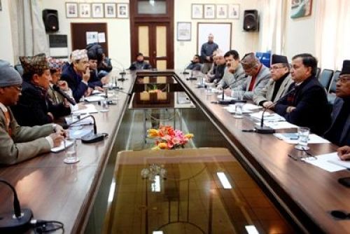 TOPIC-TALK: CPN-UML leaders meet Election Commission's members to discuss elections, at the Commission's headquarters in Jamal, Monday morning.