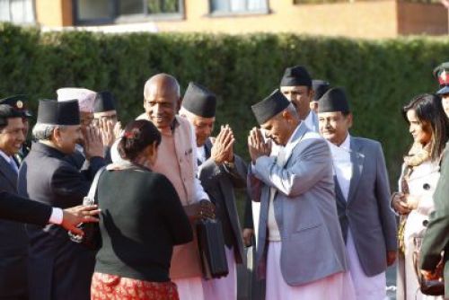 GOOD RIDDANCE: Prime Minister Bhattarai bids President Yadav farwell at Tribhuvan International Airport on Monday afternoon before Yadav left for his six-day visit to India.