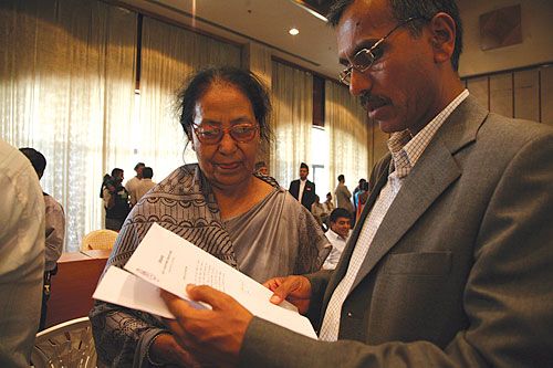 'TINTA RAM': The Maoist vice-president candidate Shanta Shrestha and NC general secretary Ek Raj Bhandari.
