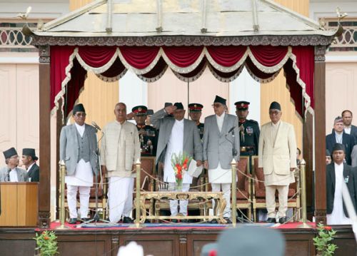 ALL THE PRESIDENT'S MEN: president Yadav and Prime Minister Koirala before the swearing in. COAS Gen Katuwal is standing behind.