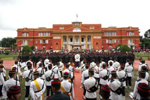 PRESIDENTIAL PALACE: Sital Nibas is the official residence of the new preisdent. The army guard of honour plays the national anthem at the wearing in ceremony on Wednesday.