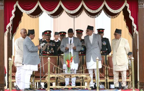 ALL THE PRESIDENT'S MEN: president Yadav and Prime Minister Koirala before the swearing in. COAS Gen Katuwal is standing behind.