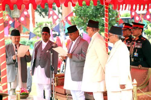 MORE SWEARING: Subhas Nembang of the UML being sworn in as the new Speaker of the Constituent Assembly at a ceremony at President House in Kathmandu on Sunday.