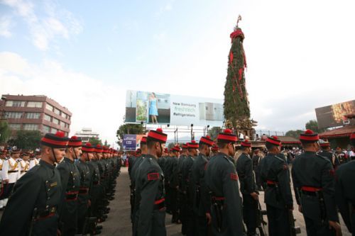 RED TOPS: The army band played the national anthem when President Ram Baran Yadav arrived in Jawalakhel on Satuday for the traditional Bhoto Jatra. Vice-president Jha was also present, dressed in daura suruwal and topi.