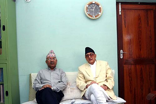 TIME RUNNING OUT: Prime Minister Girija Koirala went to the residence of the UML's Madhab Kumar Nepal for a meeting on Tuesday morning. They are said to have discussed Koirala's participation in the SAARC Summit in Colombo and government formation.