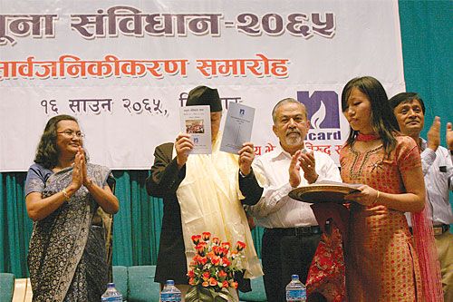 MODEL CONSTITUTION: Speaker Nembang at the launch of a model constitution drawn up by civil society members in Kathmandu on Thursday.