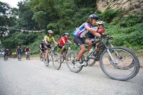 BIKE HIKE: Bikers from Nepal Mountain Bike Tours and elsewhere take their bike for a spin around Nagarjun on Wednesday morning. Some of them will be participating in the Nationals and Asian Championships.