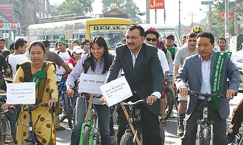 POLITICAL SPIN: (l-r) Maoist CA member Amrita Thapa Magar, UML youth leader Ram Kumari Jhakri, NC central committee member Prakash Sharan Mathat and Maoist leader Barsha Man Pun attend a cycle rally to mark International Youth Day at Maitighar on Tuesday.