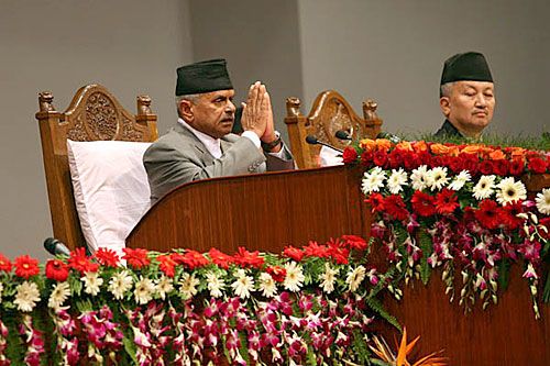 NAMASTE: President Ram Baran Yadav greets the Constituent Assembly on Wednesday before presenting the Maoist-led government's ambitious proposal for massive investment in hydropower, infrastructure and local developoment.