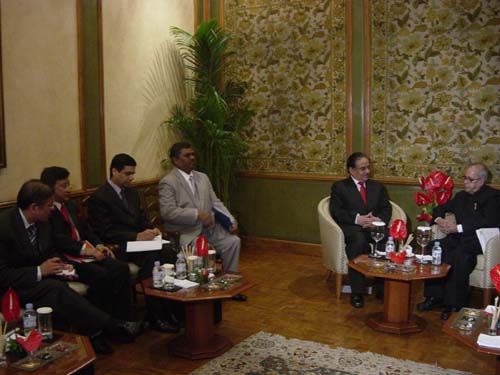 BILATERAL TALKS: Prime Minister Pushpa Kamal Dahal with Indian foreign minister Pranab Mukherjee. Also in the picture are the Nepali ambassador to INdia, Durgesh Man Singh, Foreign Secretary Gyan Chandra Acharya and Foreign Minsiter Upendra Yadav.
