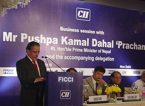 THINKING BIG: Prime Minsiter Dahal addressed a meeting of Indian and Nepali businesses in New Delhi on Monday organised by the CII and FICI. "I want mega projects, not small ones," Dahal told the audience.