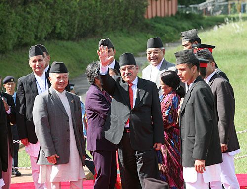 NICE TO BE BACK: Prime Minister Pushpa Kamal Dahal waves to reporters as he arrived back in Kathmandu from his five-day visit to India on a scheduled Nepal Airlines flight from Delhi.
